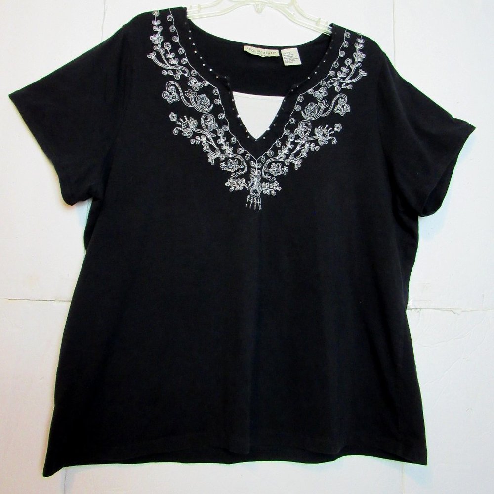 Women Top 2X Embroidery & Sequins Short Sleeve Black W/ White Trim- Requirements